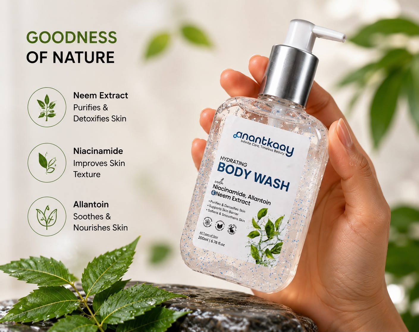 Anantkaay Hydrating Body Wash with Niacinamide, Allantoin & Neem Extract | Gentle Daily Body Cleanser for All Skin Types | Purifies & Cleanses Skin | Supports Skin Barrier | 200 ml - Image 5