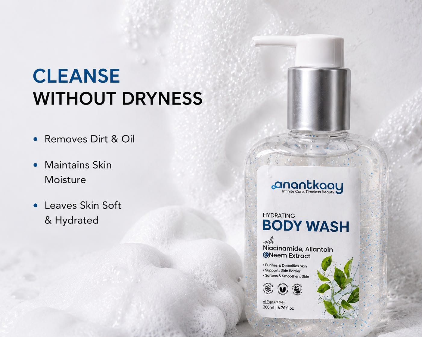 Anantkaay Hydrating Body Wash with Niacinamide, Allantoin & Neem Extract | Gentle Daily Body Cleanser for All Skin Types | Purifies & Cleanses Skin | Supports Skin Barrier | 200 ml - Image 4